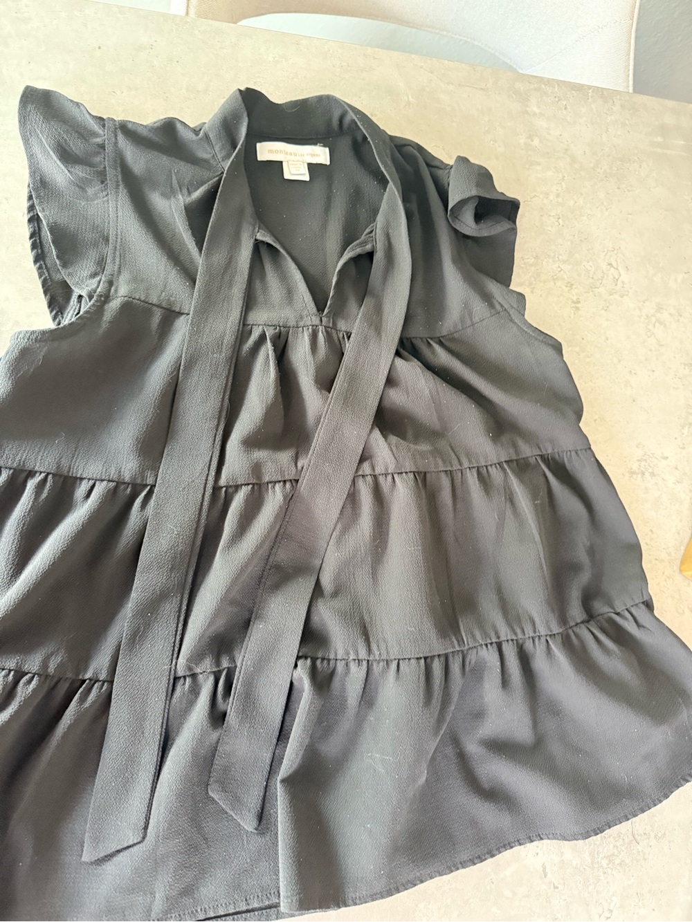 Anthropologie Black Tie-Neck Tiered Flutter-Sleeve Blouse